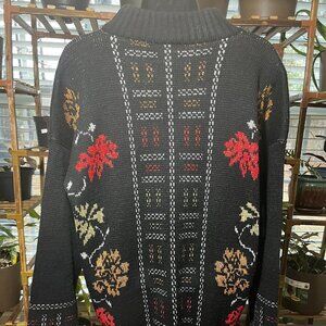 Vintage Dana Scott Black Floral Knit Mock Neck Sweater Women Medium